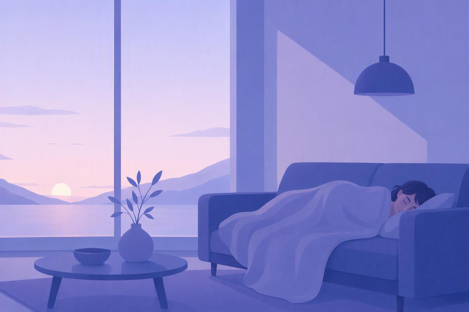 Illustration of a person napping by a window in soft dawn light